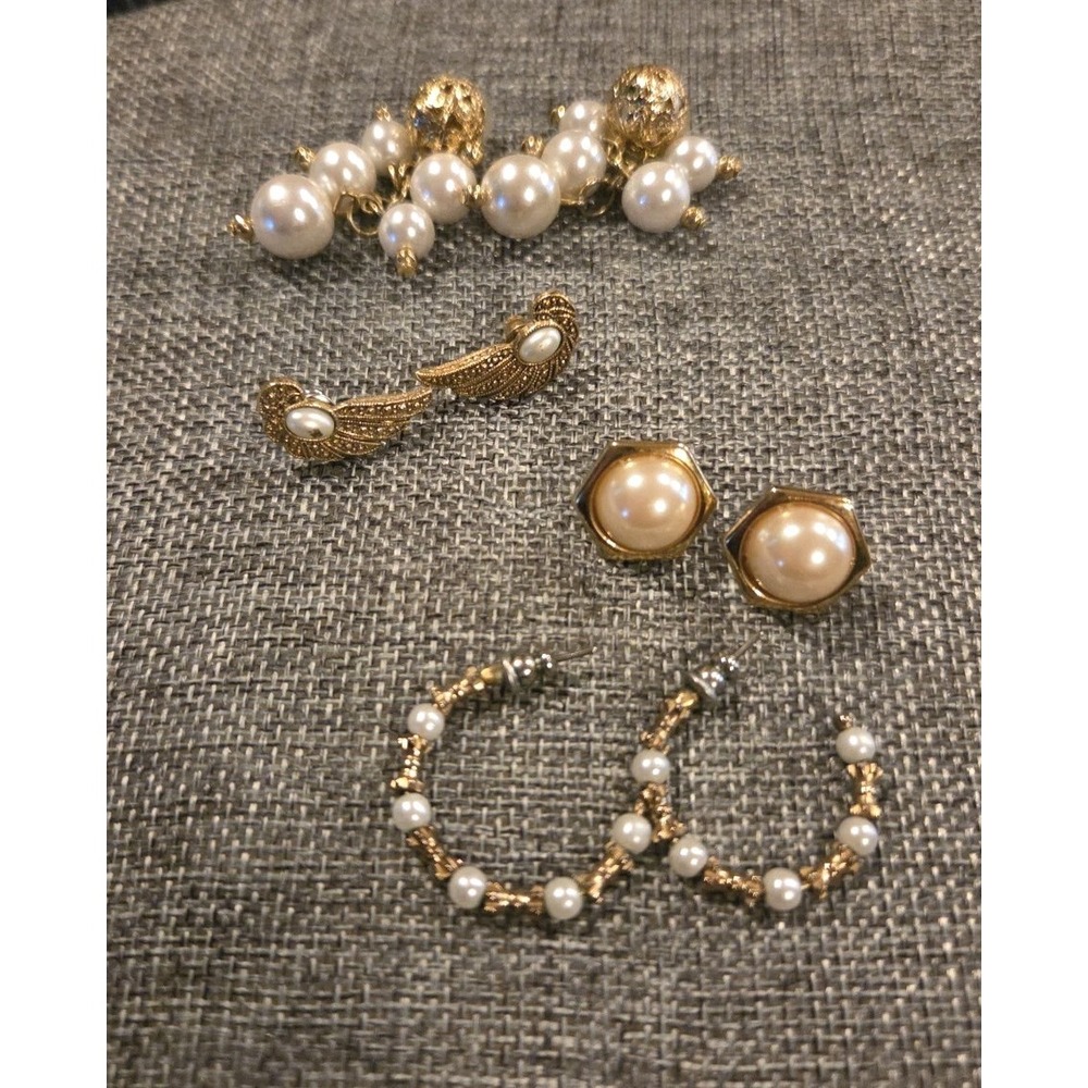 Earring Lot 4 Pair Of Vintage Gold Tone With Faux Pearls And 80's Pierced